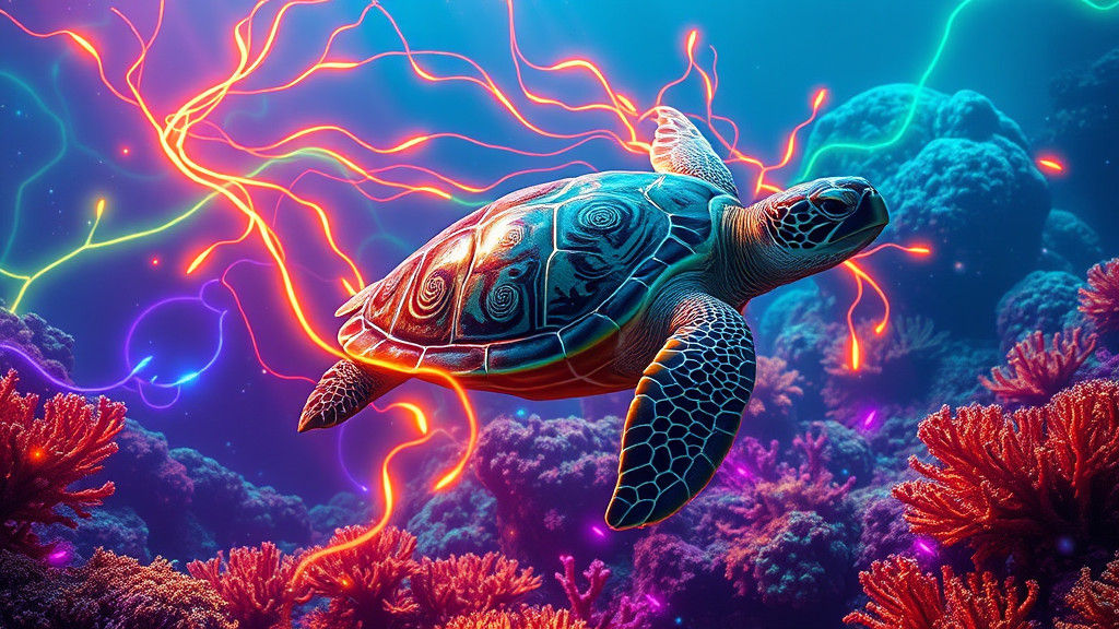 Sea Turtle Glides Through Luminous Coral Reef