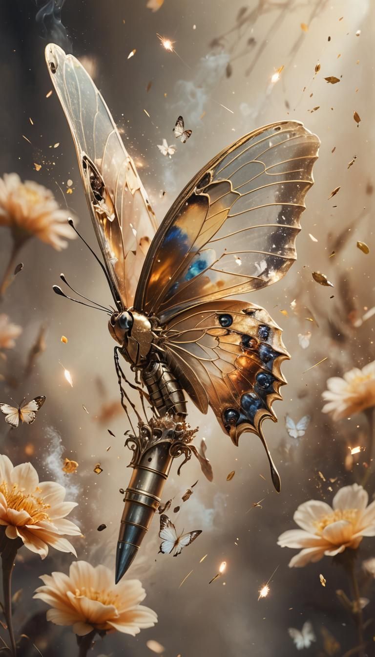 Surreal Bullet with Butterfly Wings in Abstract Expressionis...