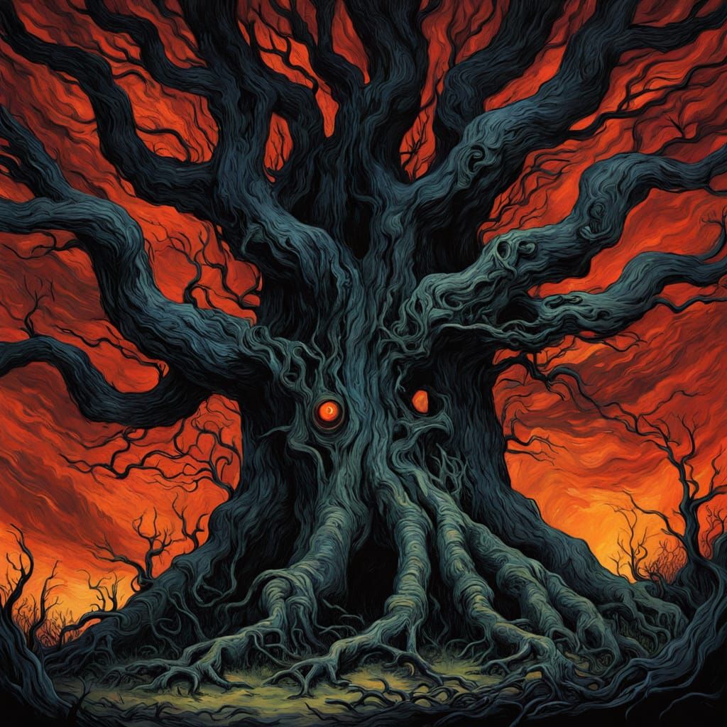 Eldritch Horror in a Twisted Redwood Tree under a Blood-Red ...