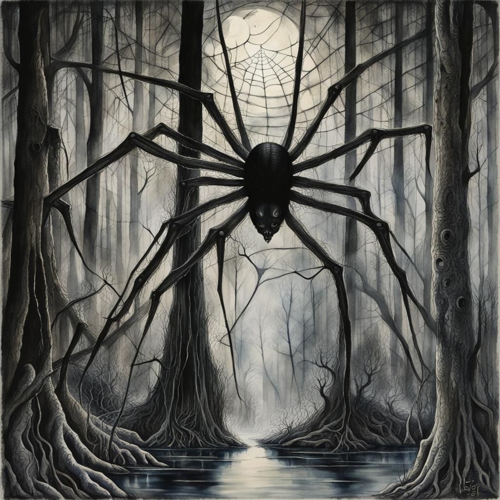 Gothic Dark Forest with Spiderwebs in Watercolour
