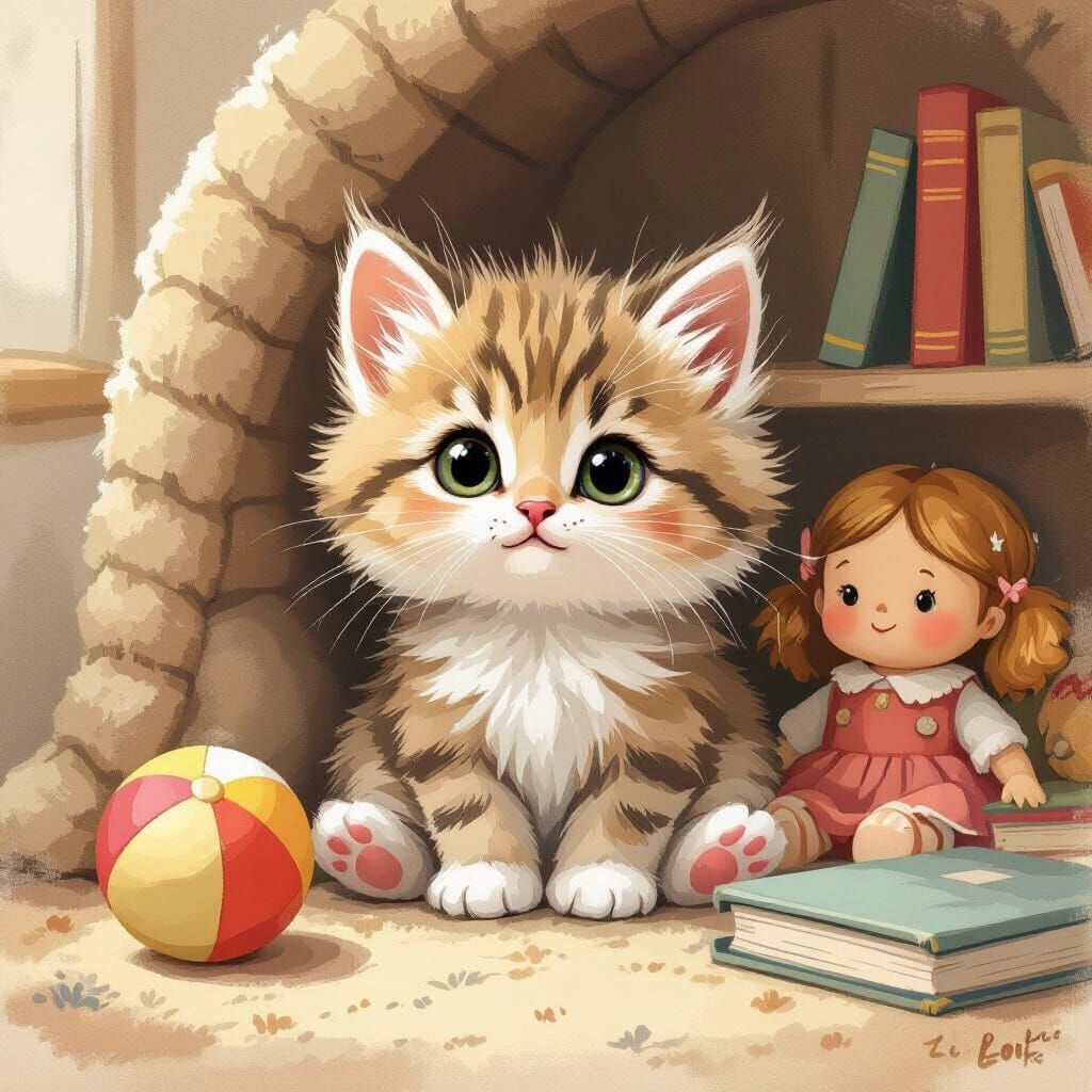 Adorable Kitten in Cozy Toy Corner, Child-Friendly Sketch St...