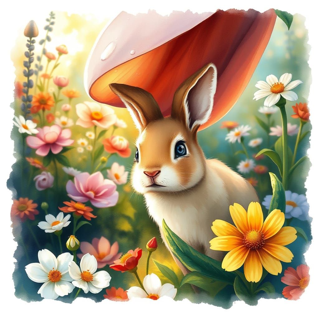 Delicate Bunny Peeks from Flower Petal in Vibrant Garden