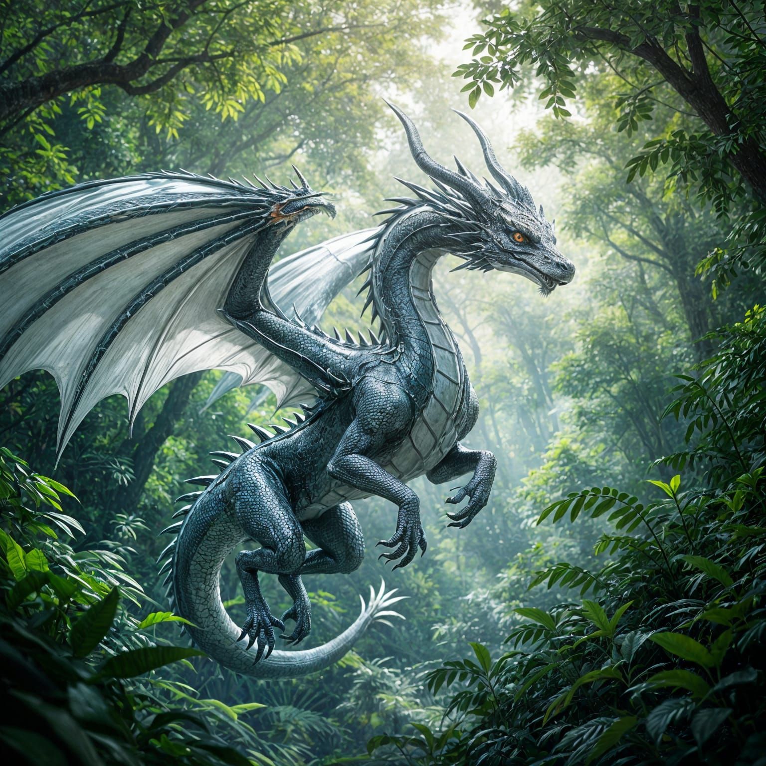 Chrome Dragon Soaring Through Lush Forest: Digital Painting