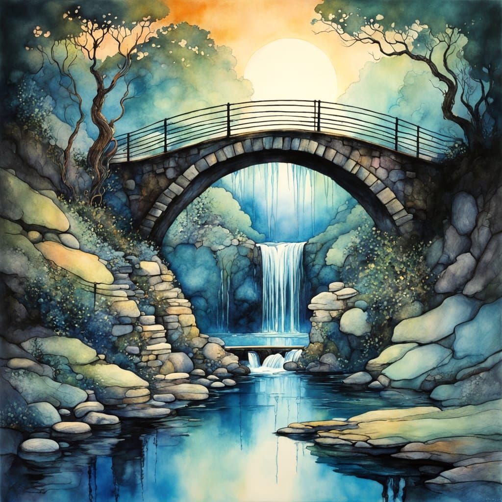 Charged Waterfall and Bridge at Dawn