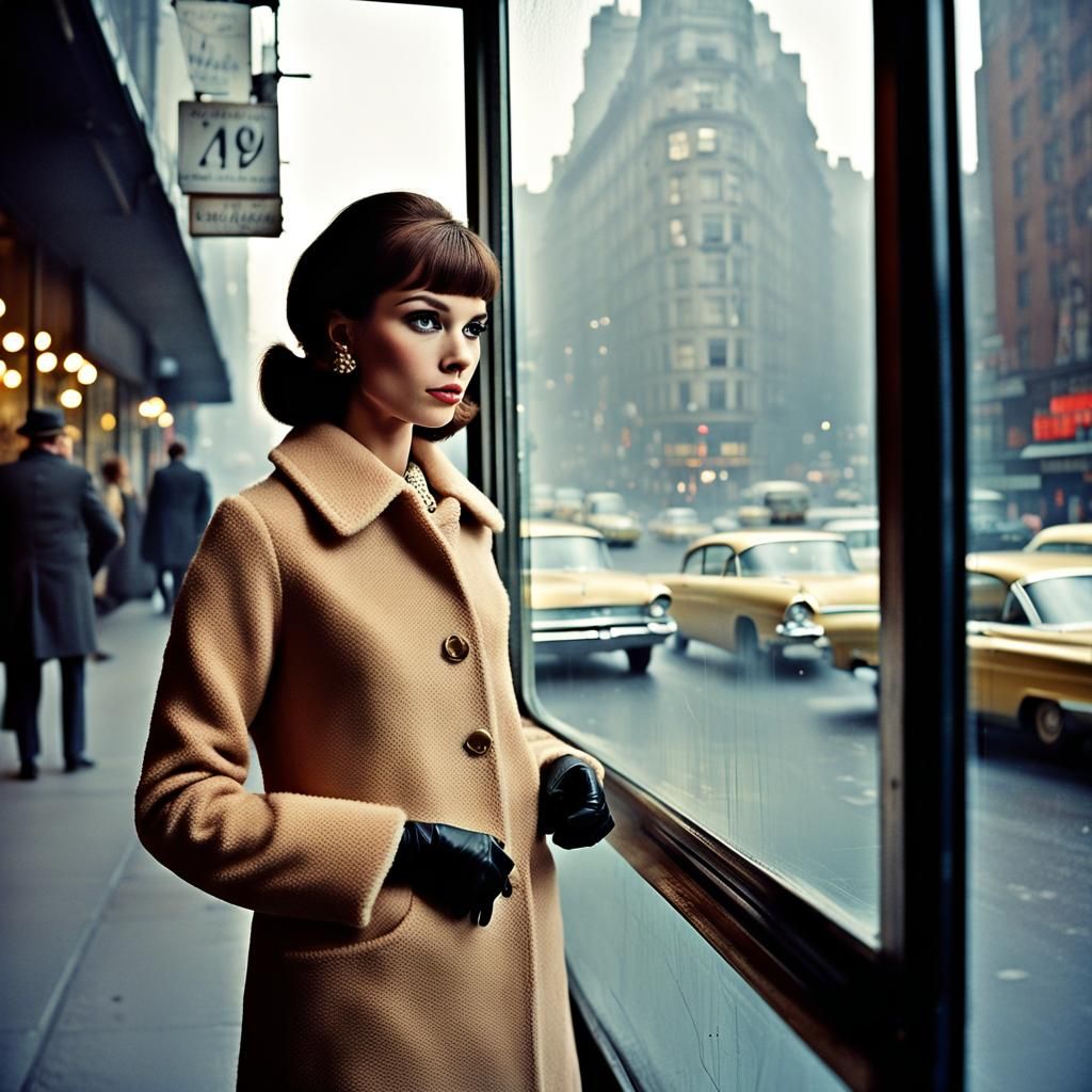 1960s Girl Window Shopping in Foggy New York