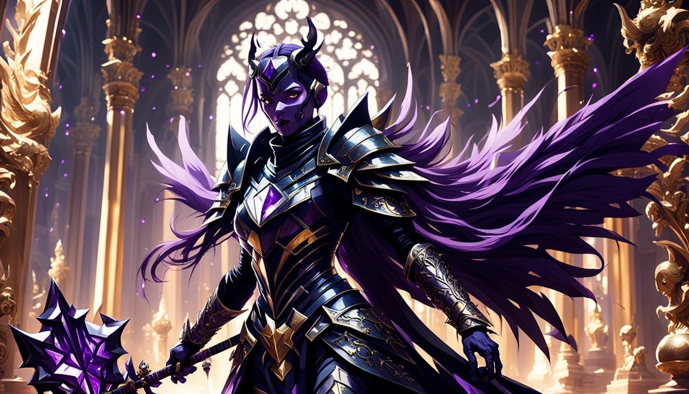 Knight Girl with Demon Wings in Gothic Hallway