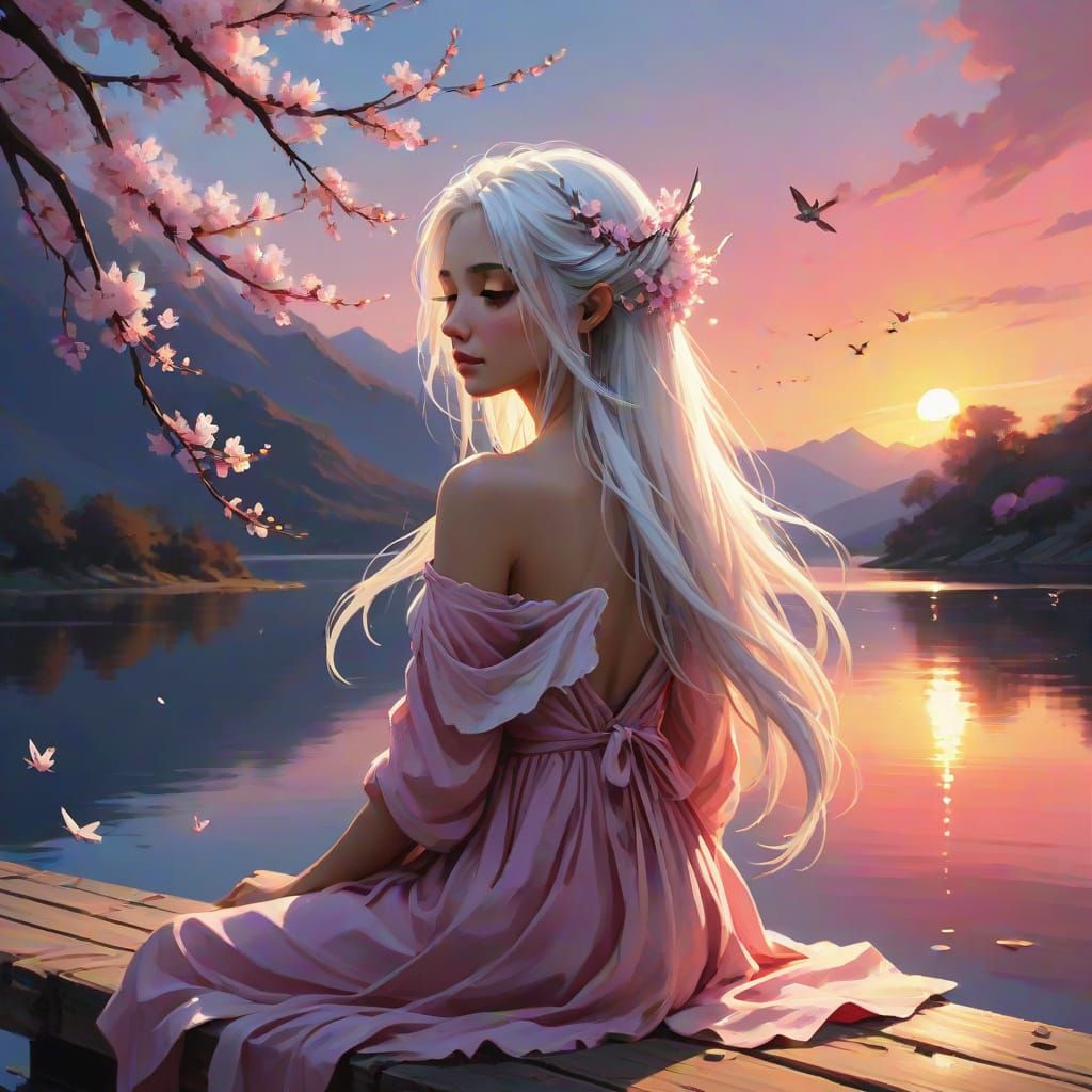 Fairy with White Hair on Lake Dock at Sunset
