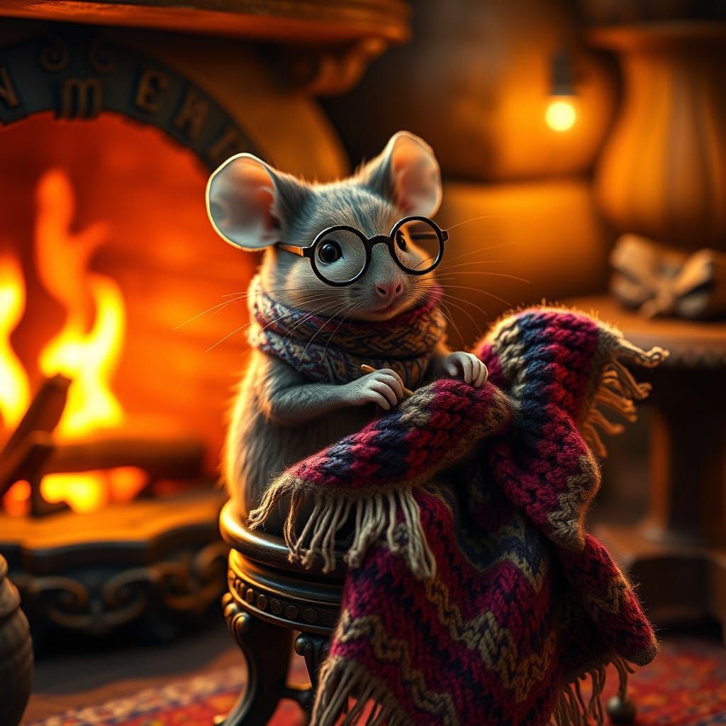 Cozy Mouse Knits by the Fireplace in Whimsical Style