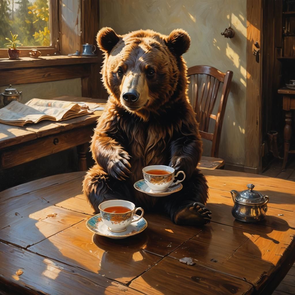 Bear Sipping Tea: Oil Painting in Realist Style