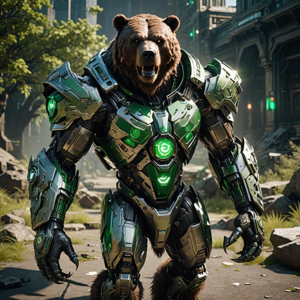 Armored Cyborg Werebear with Glowing Emblem