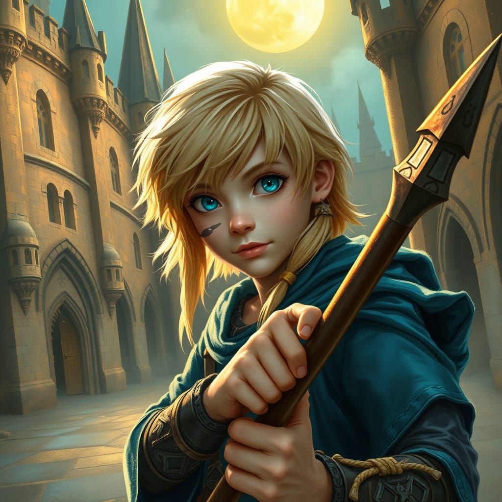 Blond Warrior Training in Moonlight, Ethereal Fantasy Art