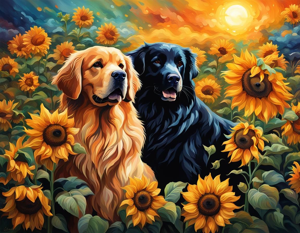 Golden Retrievers and Cat with Sunflower in Hyperrealism