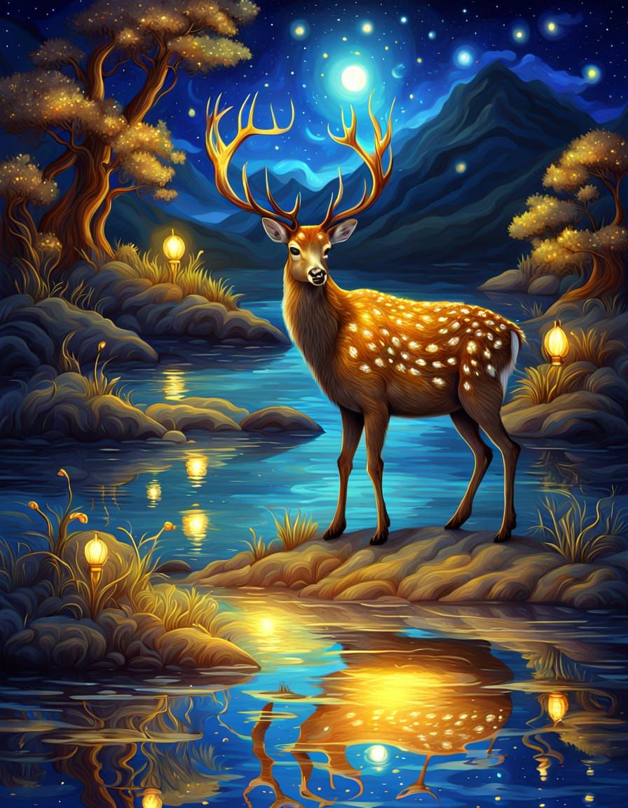 Mystical Deer and Duckling on Starry Beach