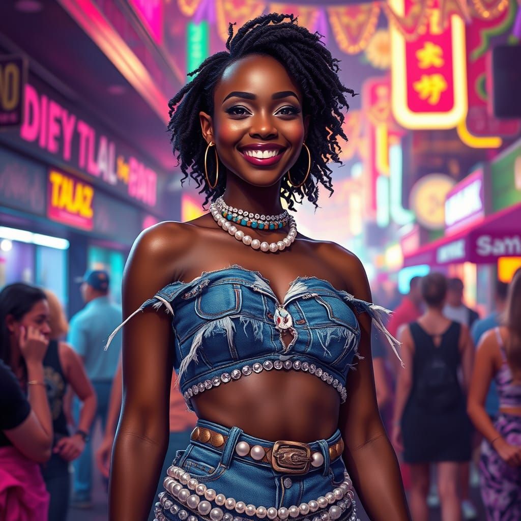 Smiling Woman in Candyland Style Street Scene