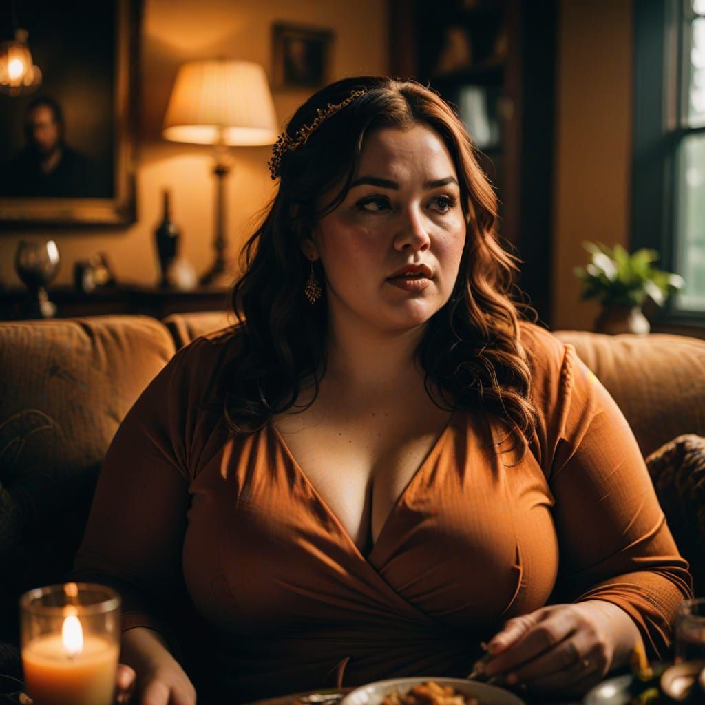 Curvy Woman's Epic Feast in Warm, Golden Light