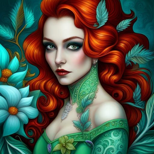 Poison Ivy Portrait with Fractal Flowers in Pixel Art