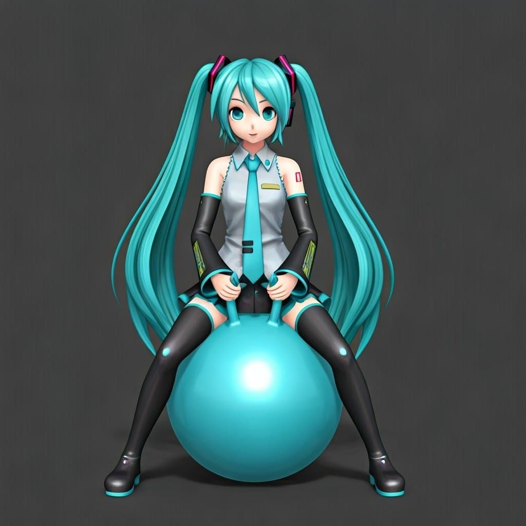 Vocaloid Idol Miku Bounces Joyfully on Colorful Ball