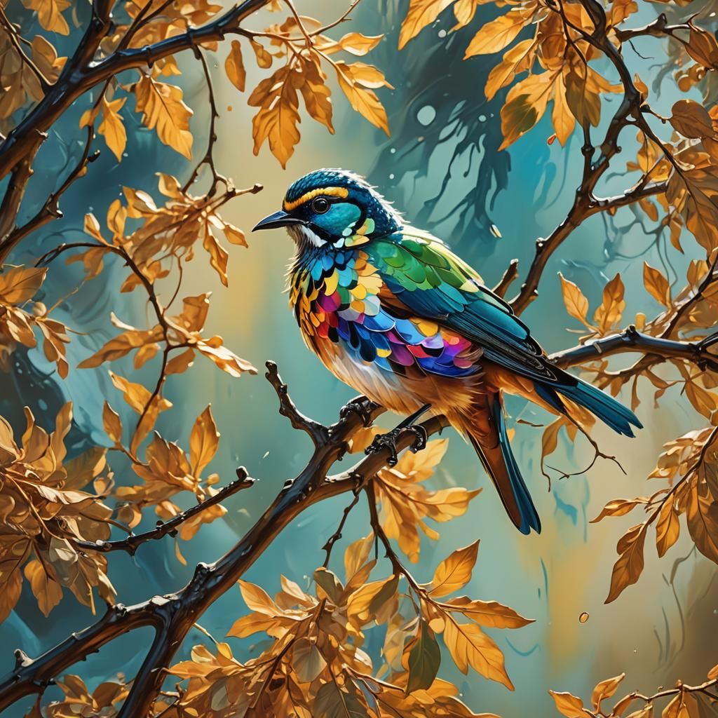 Iridescent Bird in Sunlight: A Vibrant Splash Art