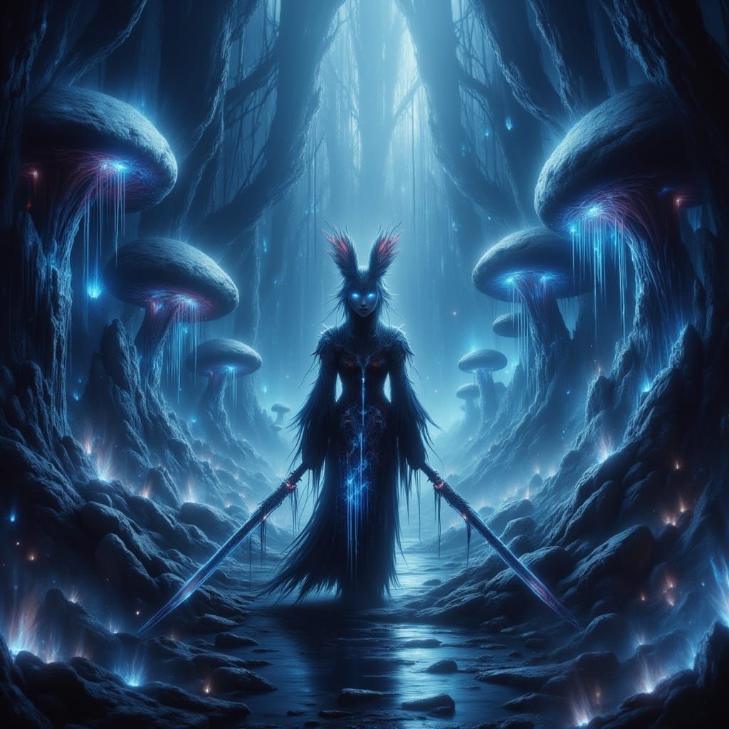 Kitsune Warrior Guards Bioluminescent Forest Village