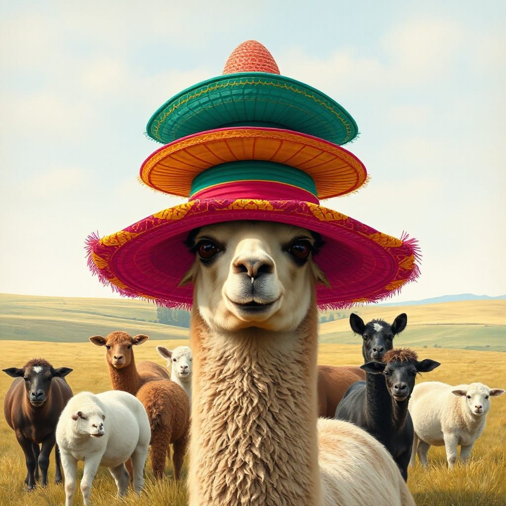 Smug Alpaca in Sombreros, Gouache-Style Landscape