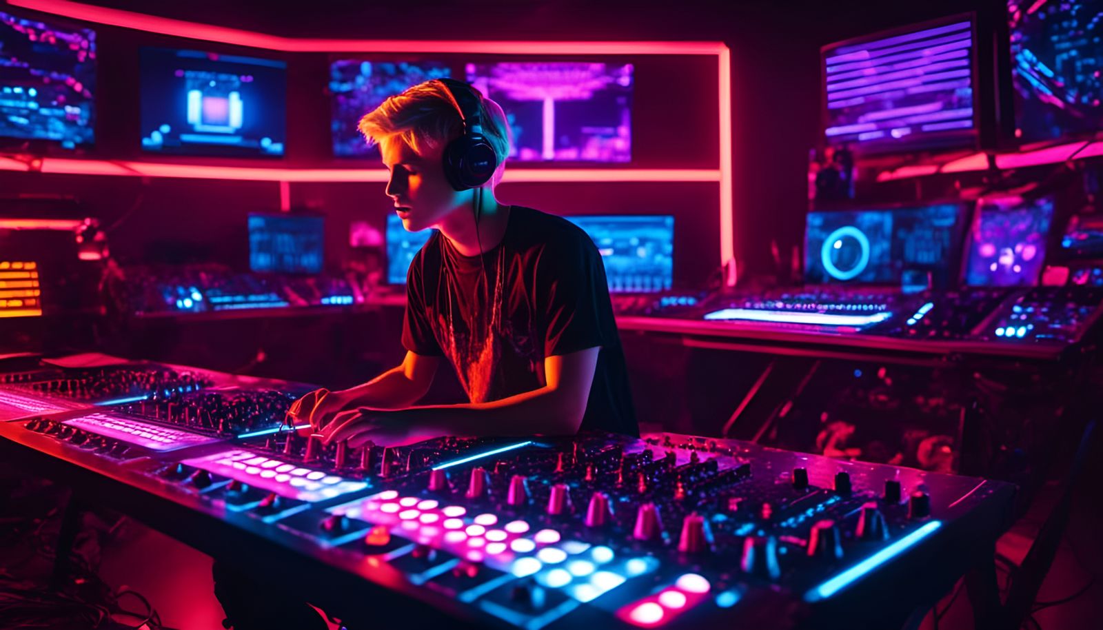 Futuristic Studio: Blond Boy Mixing Music in Cyberpunk Style