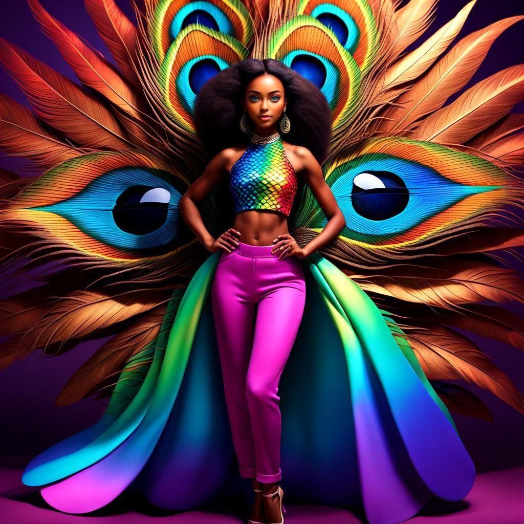 Peacock Haired Woman in Dragon Scales, 3D Digital Art