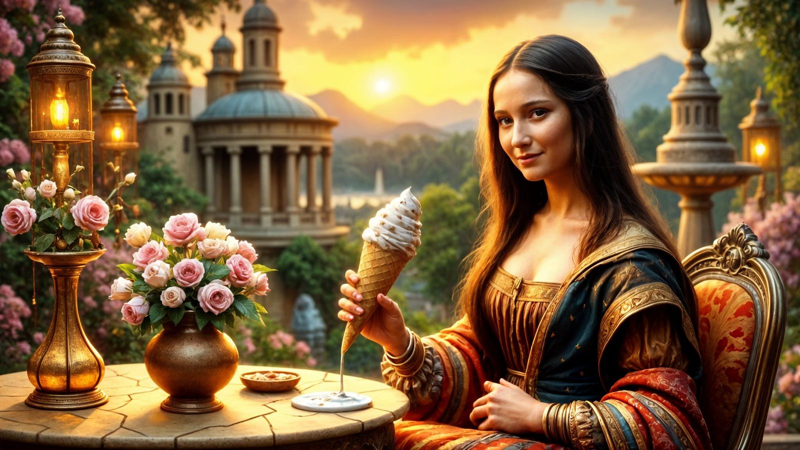 Mona Lisa Enjoys a Sunset Ice Cream in a Renaissance Garden