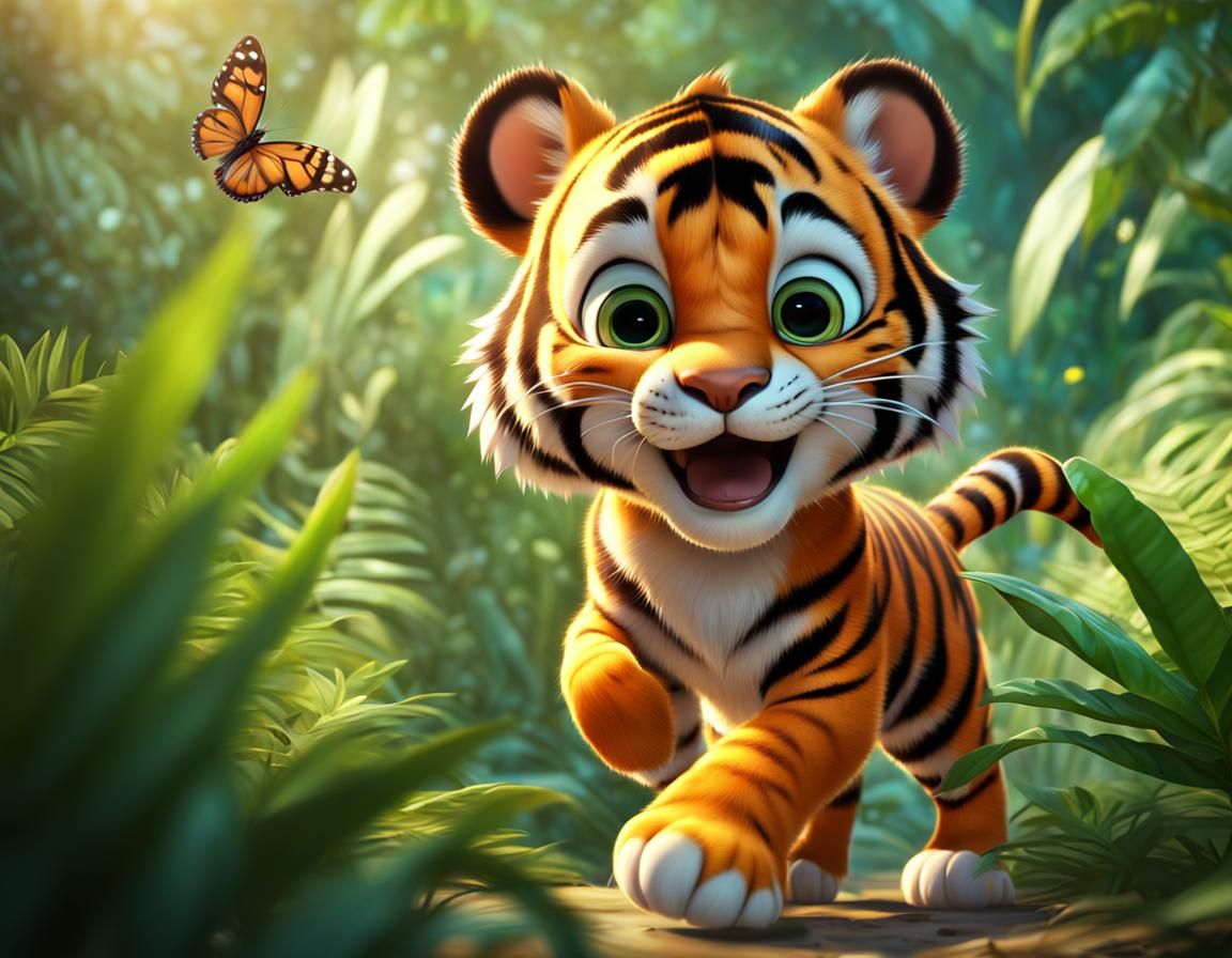 Playful Baby Tiger Chasing Butterfly in Cartoon Style