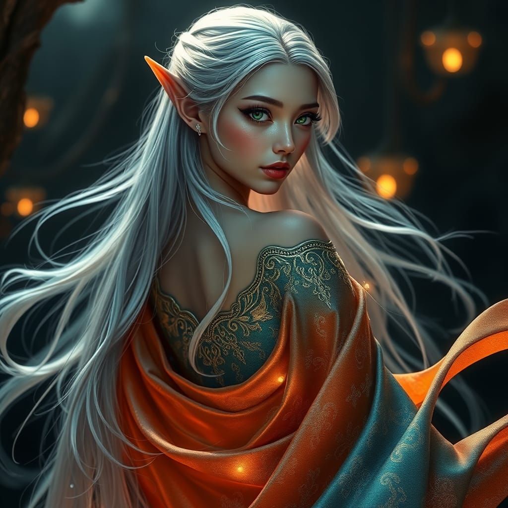 Regal Elf in Ocean Gown: Art Nouveau Fantasy