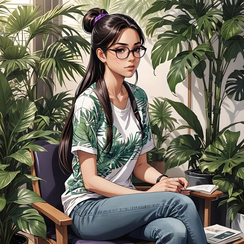 Anime Girl in Tropical Reading Room
