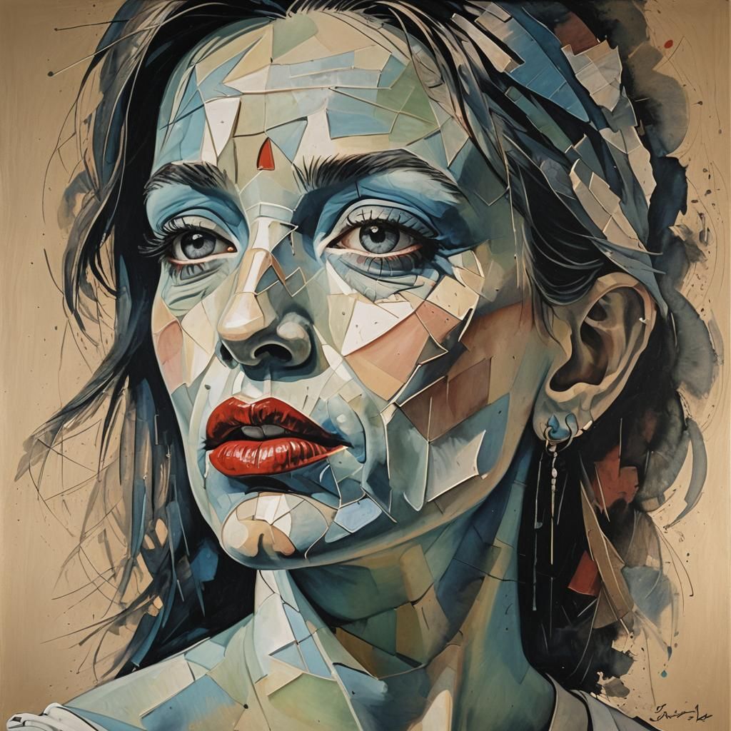 Portrait with Smudged Lips in Sci-Fi Cubist Style
