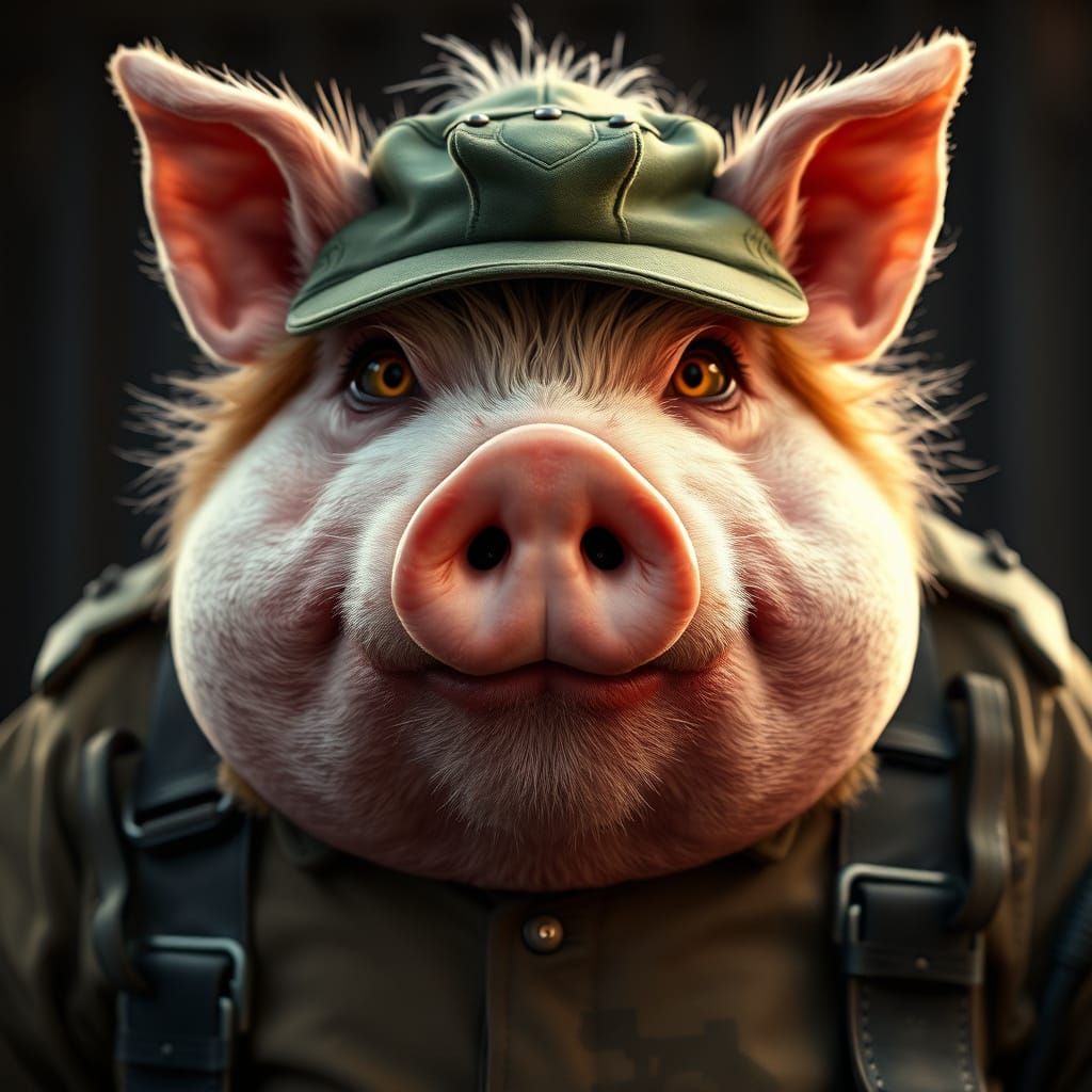 Anthropomorphic Pig Drill Sergeant Portrait