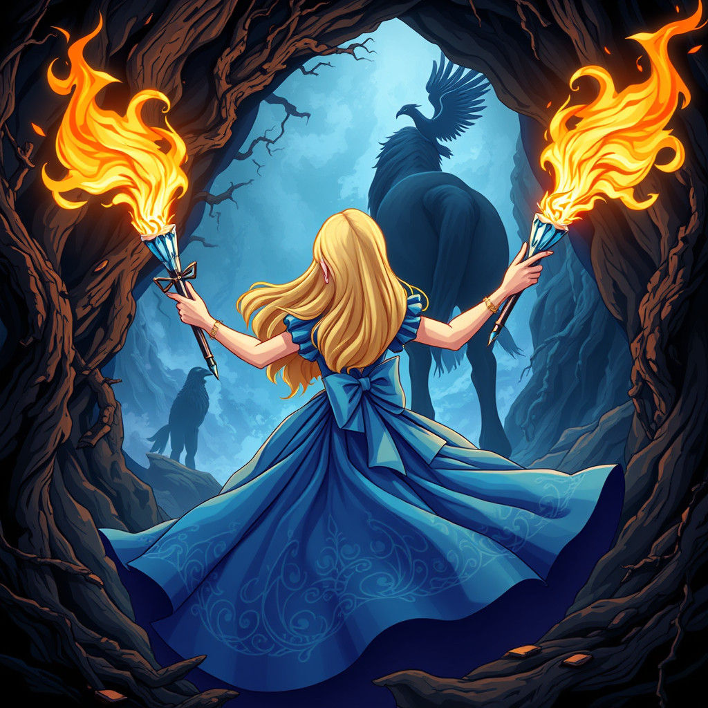 Alice Emerges from Mystical Cave with Flaming Wands