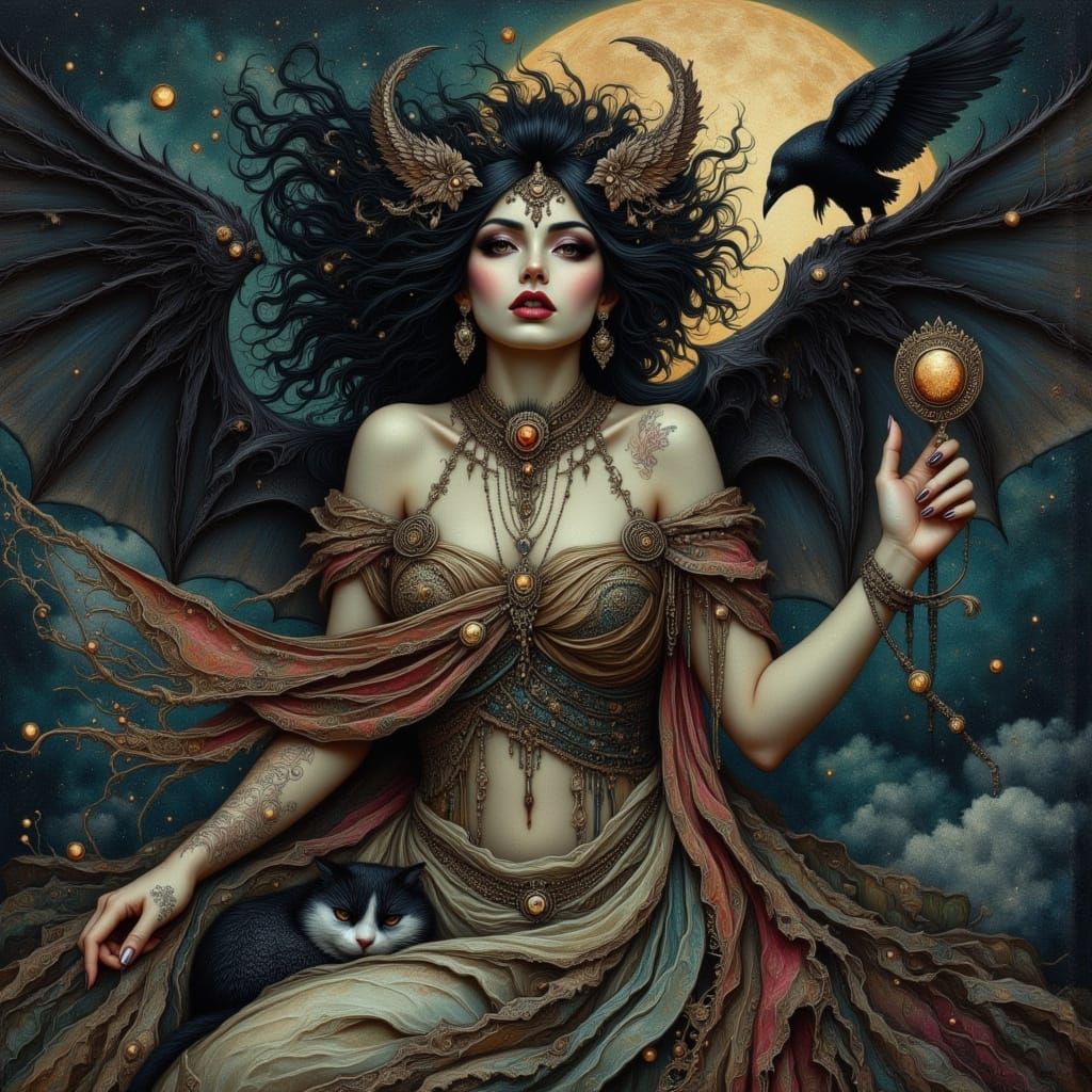 Mystical Woman Flying on Bat in Dark Fantasy Art Style