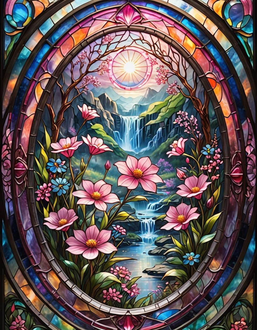 Pink Flower in Ethereal Stained Glass Art