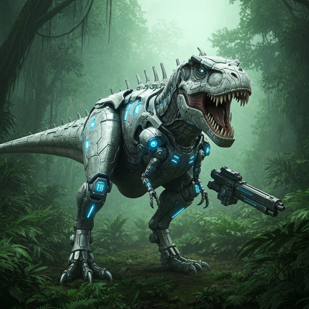 Cybernetic Tyrannosaurus Rex in Neon Jungle, Detailed Sci-Fi...