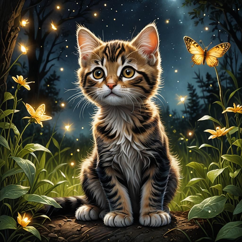 Kitten and Firefly Illustration in Detailed Style