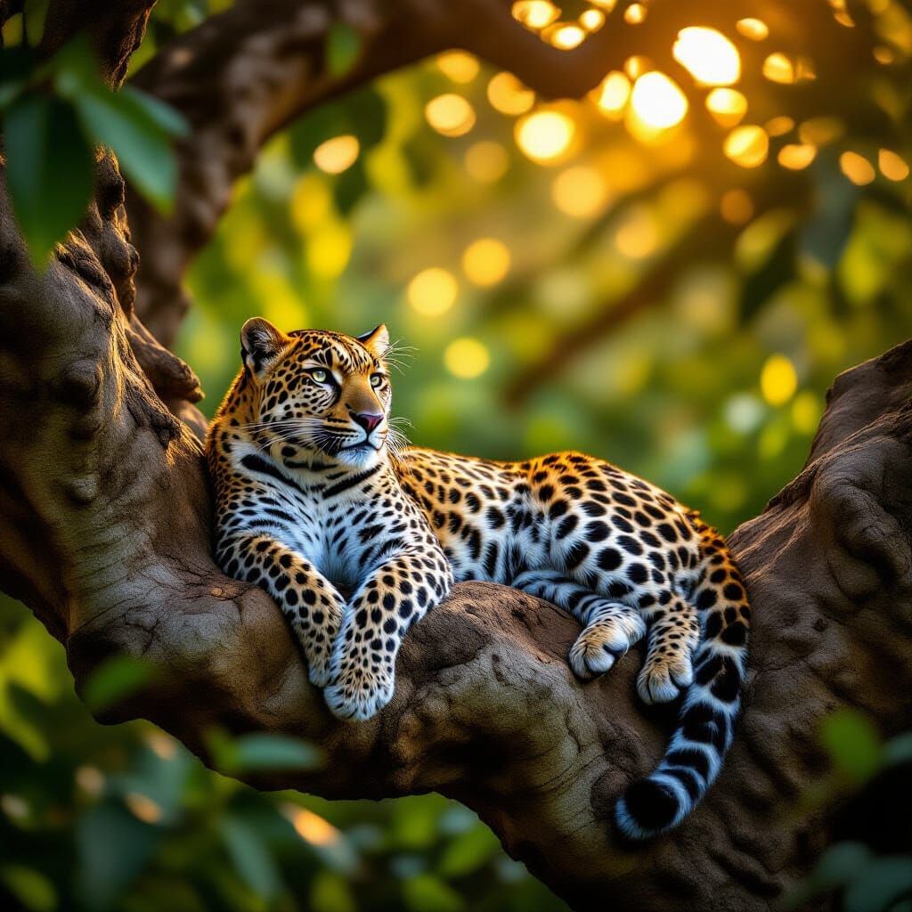 Leopard Lounging on Banyan Tree in Golden Light