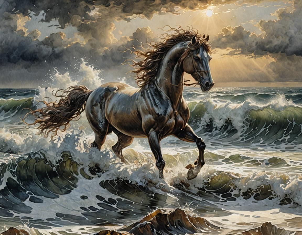Pegasus Soaring Above Rough Ocean in Watercolor