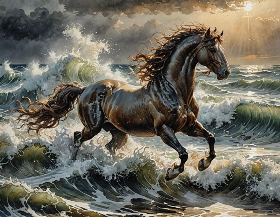 Pegasus Over Rough Seas: Hyperrealistic Watercolor Art