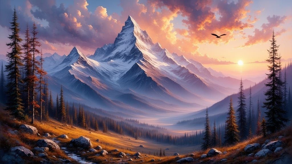 Majestic Mountain Range at Sunset in Landscape Painting Styl...