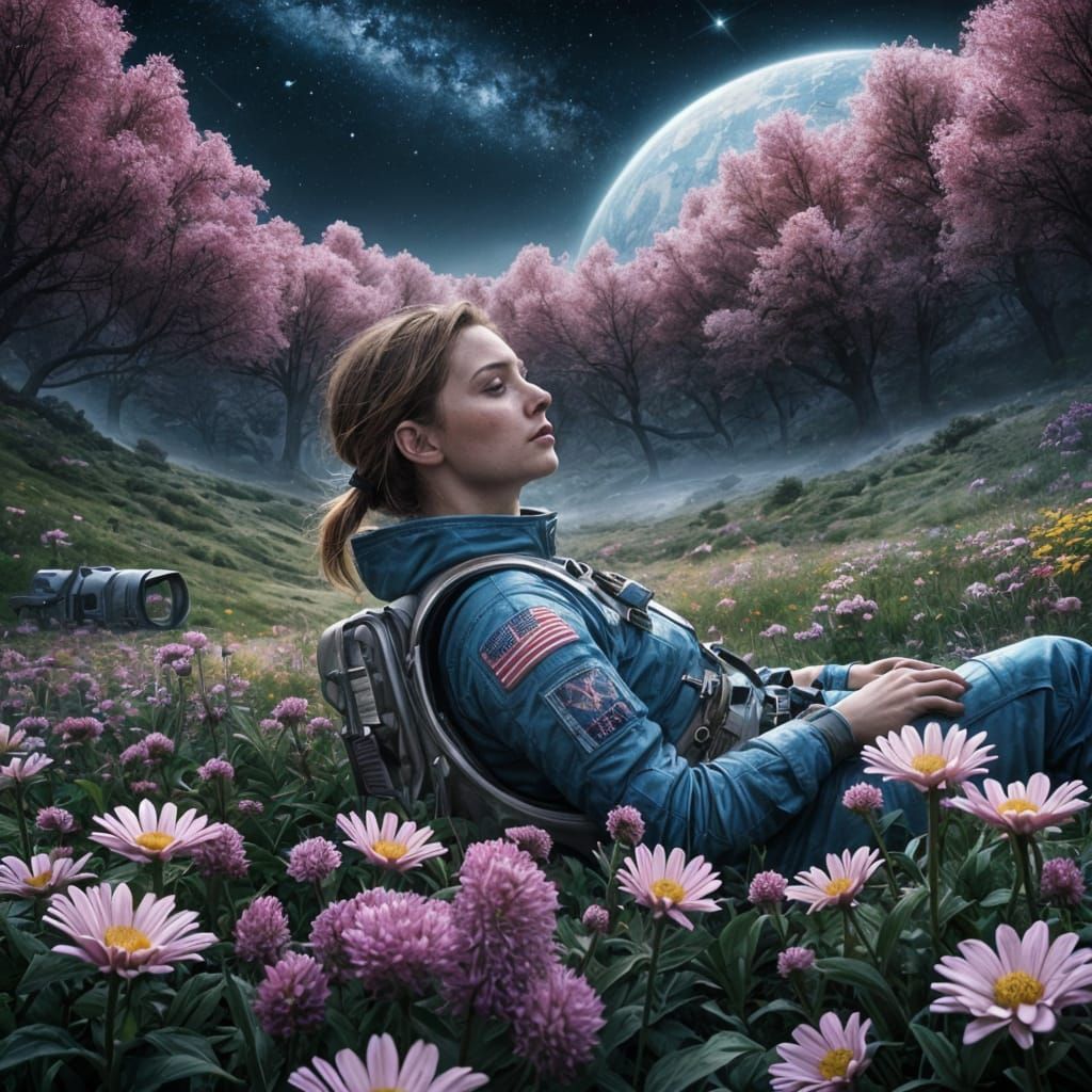 Epic Astronaut in Blooming Fields Under the Milky Way