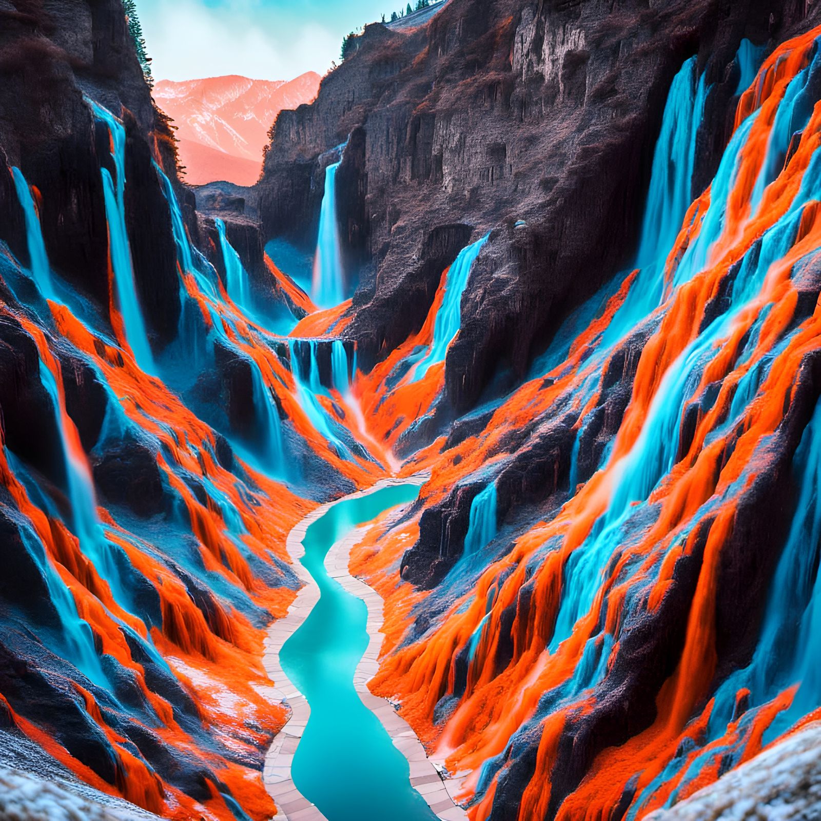 Colorful Waterfall and Mountains in Neon Colors