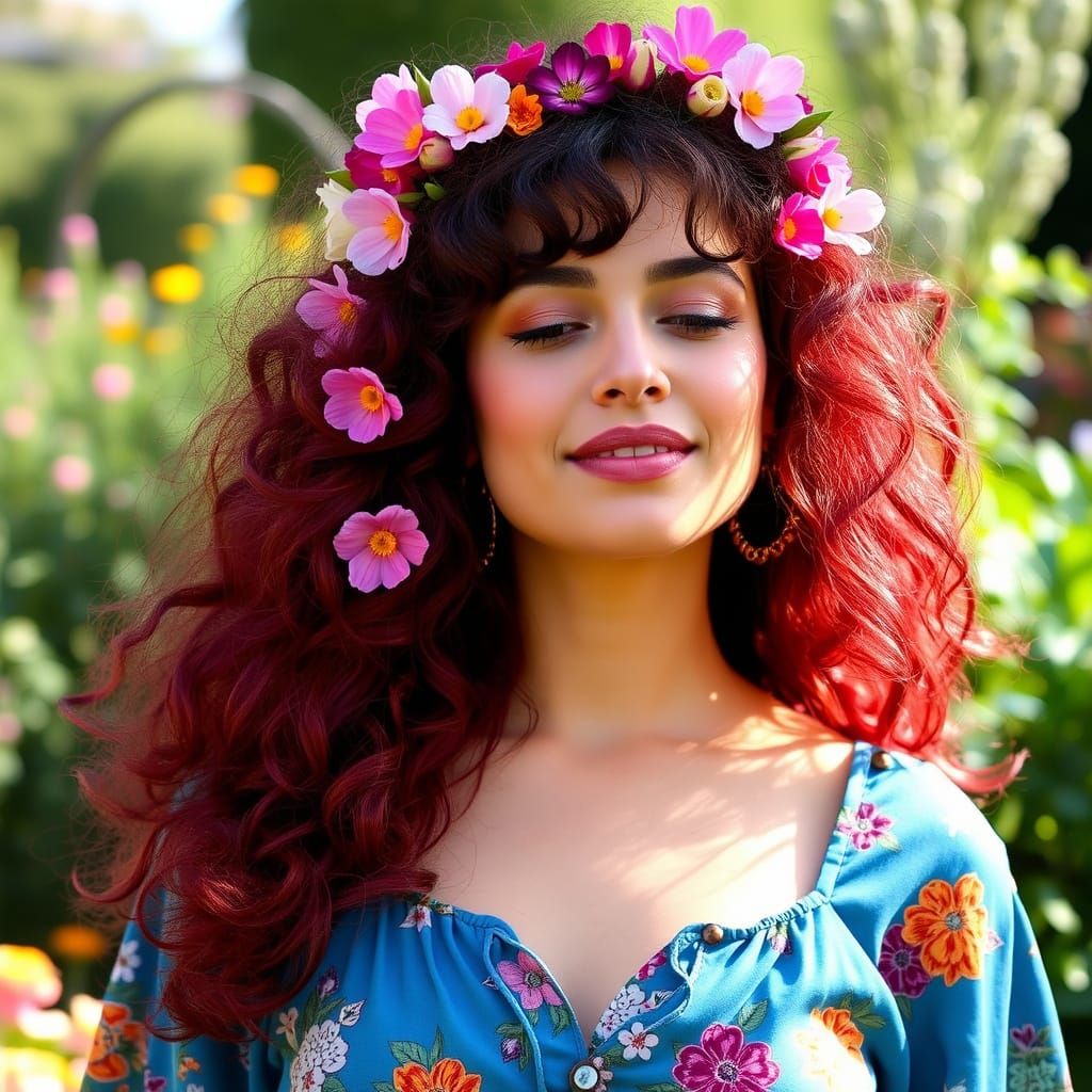 Smiling Woman in Sunny Garden: Surrealist Art