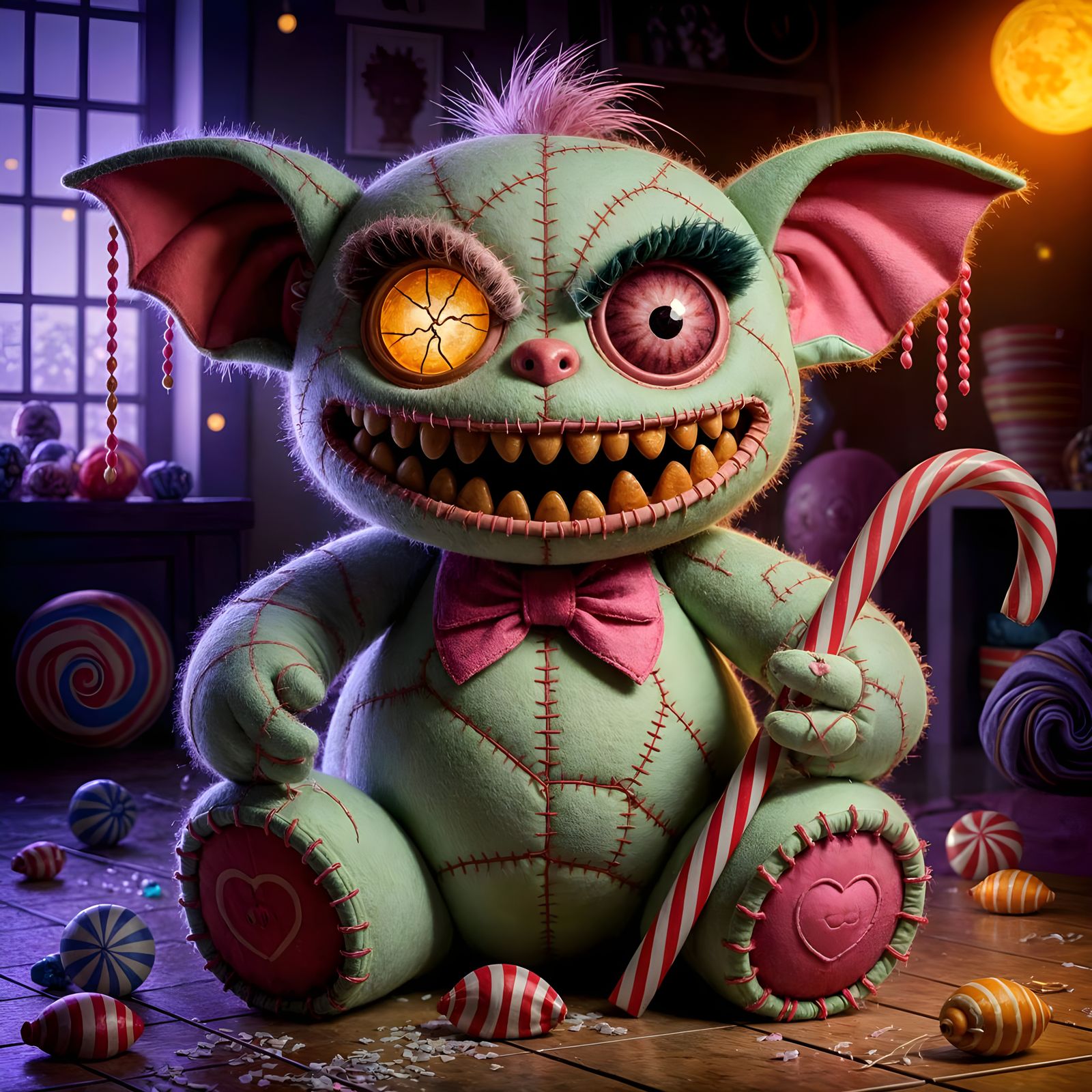 Candy Gremlin Art: Faded Plush Toy with Glowing Eye