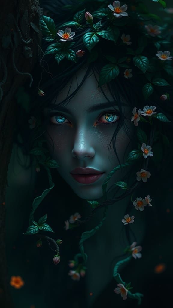 Enchanted Forest Face with Glowing Eyes, Hyperdetailed Art