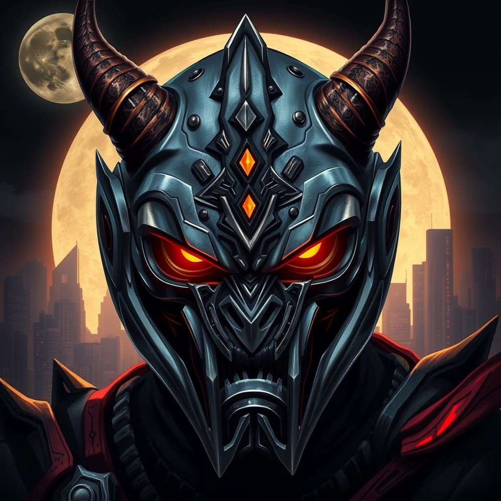 Dark Fantasy Warrior in Metallic Armor Under Glowing Moon
