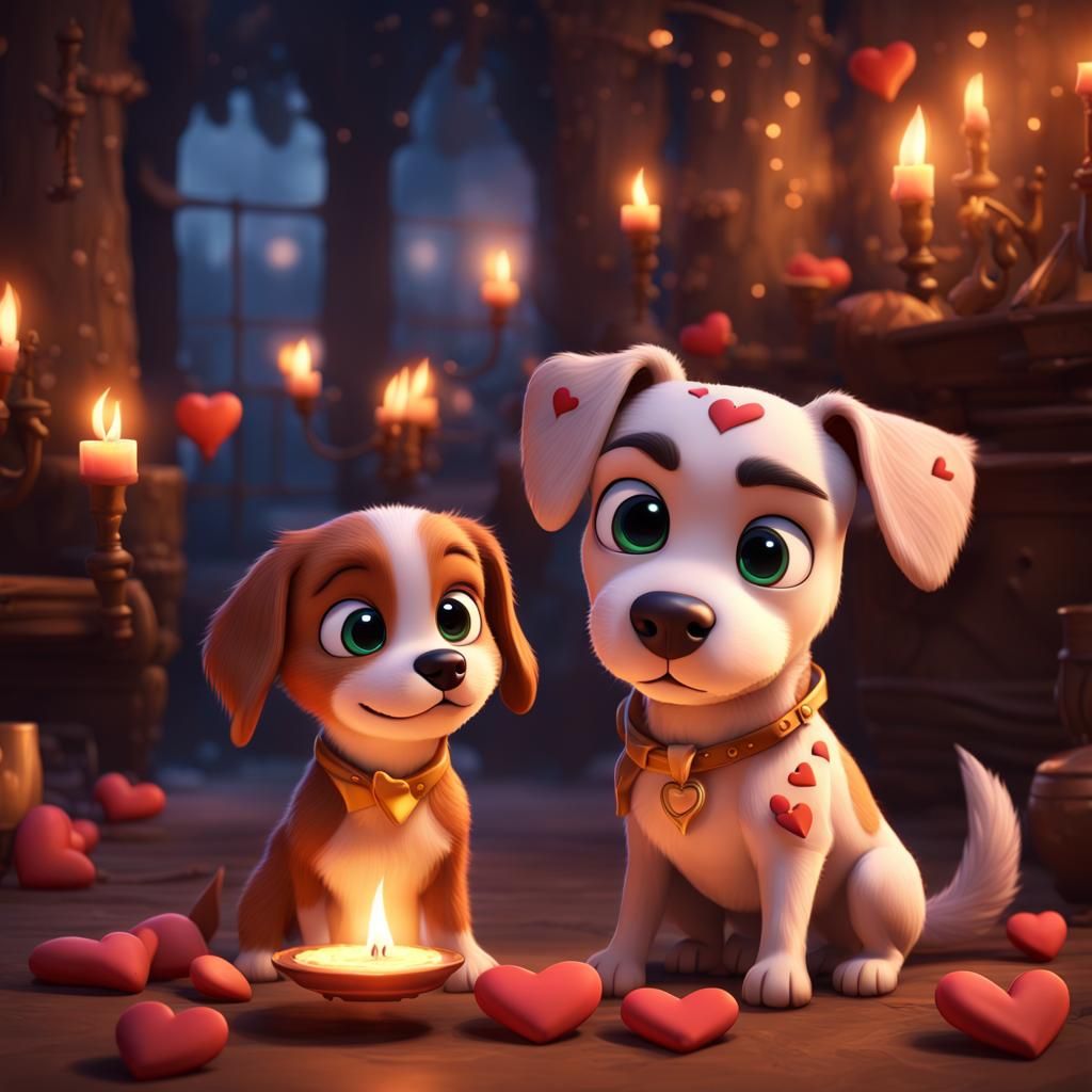 Dogs' Romantic Candlelit Dinner in Pixar Style