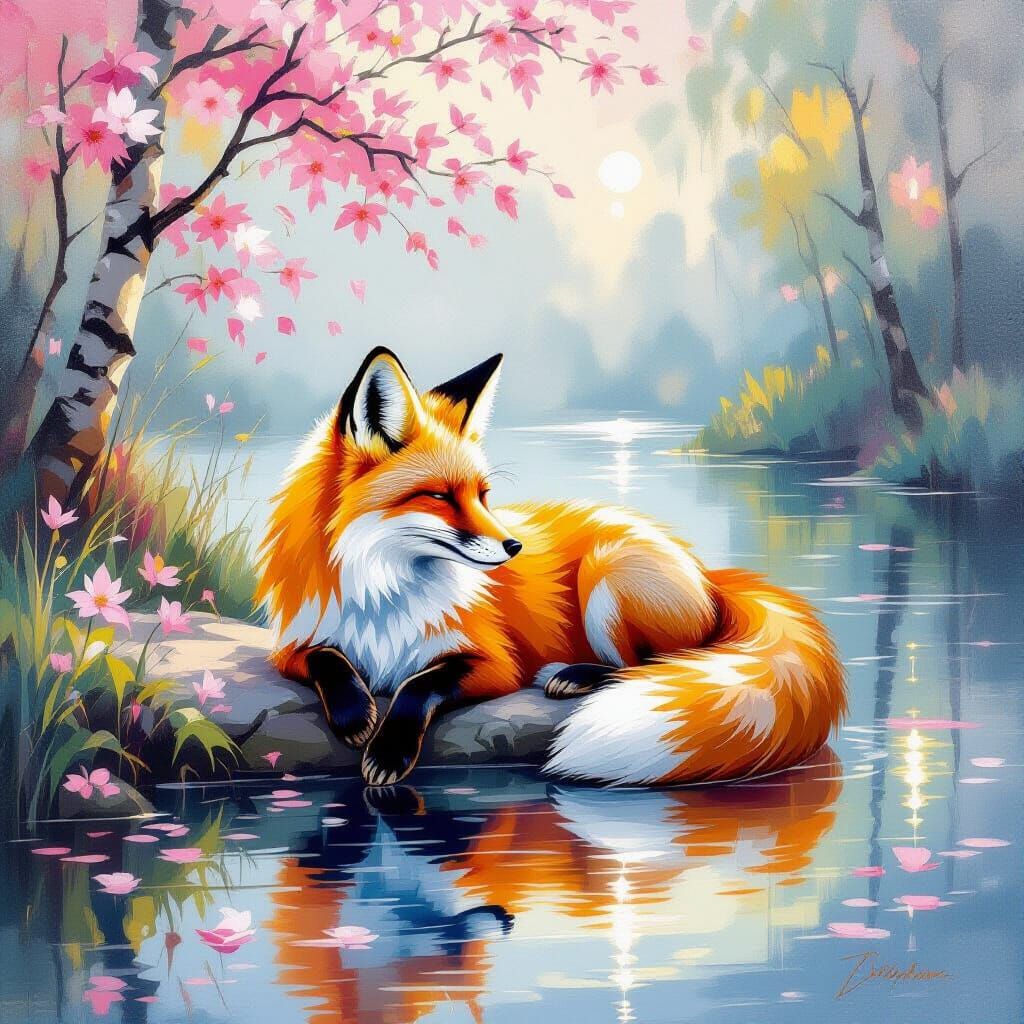 Fox Relaxing by River as Impressionistic Painting
