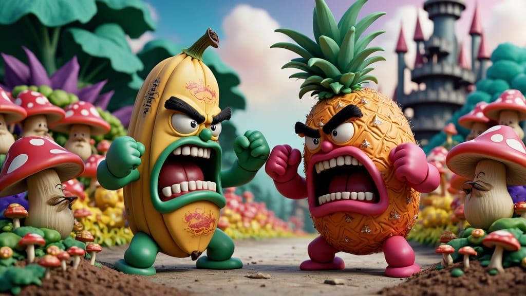 Fruits of Fury: Banana and Pineapple Clash in Vibrant Garden